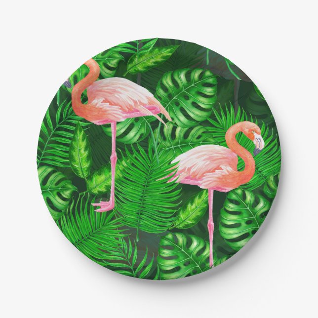 Flamingo tropical watercolor paper plate (Front)