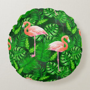 Flamingo tropical watercolor round pillow