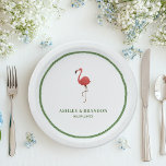Flamingo Tropics Beach Coastal Retro Wedding Paper Plate<br><div class="desc">Add a playful coastal touch to your reception with this Flamingo Tropics wedding paper plate. Featuring a charming pink flamingo and tropical greenery, the design is framed with a classic rope-style border that gives it a subtle beachy, nautical feel. The retro island vibe makes it perfect for beach weddings, tropical...</div>