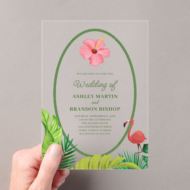 Flamingo Tropics Retro Wedding Acrylic Invitation (In situ (ordinateur de poche))