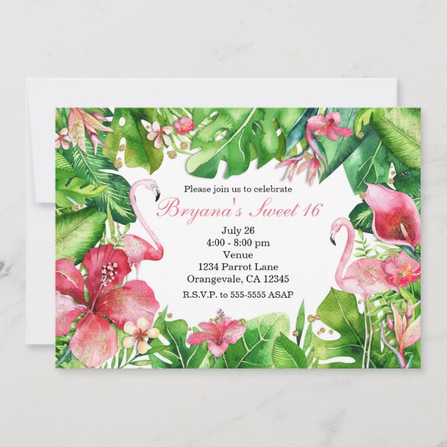 Flamingo Tropics Summer Birthday Party Invitations (Front)