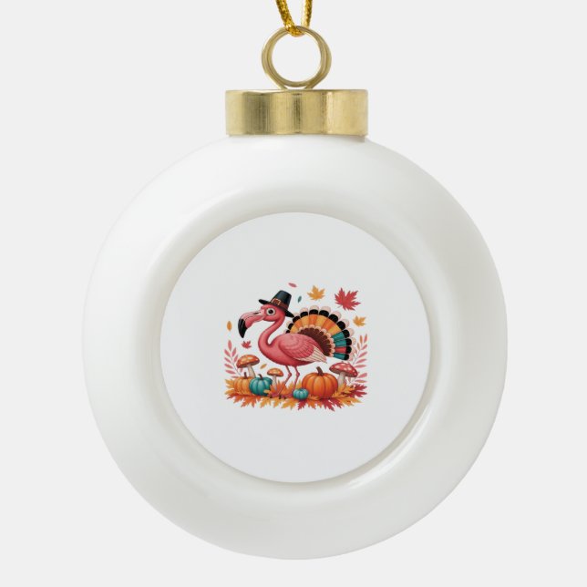 Flamingo Turkey Cute Flamingo Turkey Fall Leaf Tha Ceramic Ball Christmas Ornament (Front)