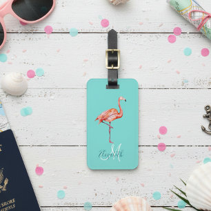 Flamingo Turquoise  Trendy Summer Monogram Luggage Tag