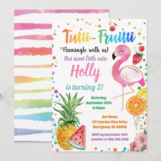Flamingo Tutti Fruitti Girl 2nd Birthday Party Invitation (Front/Back)
