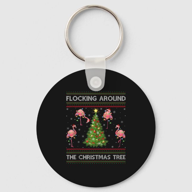 Flamingo Ugly Christmas Sweater Style Flamingo Bir Keychain (Front)
