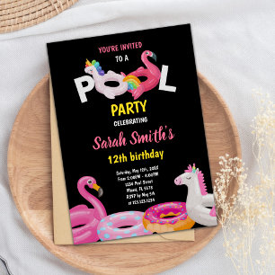 Flamingo Unicorn Pool Birthday Invitations