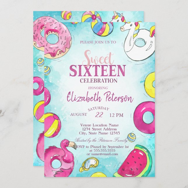 Flamingo Unicorn Summer Pool  Sweet 16 Party Invitation (Front/Back)
