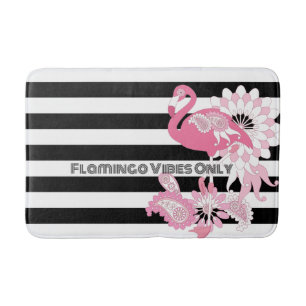 Flamingo Vibes Only Black & White Stripe Flamingo Bath Mat