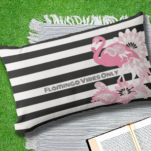 Flamingo Vibes Only - Black White Stripe Flamingo Lumbar Pillow