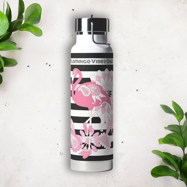 Flamingo Vibes Only Black & White Stripe Flamingo Water Bottle (Creator Uploaded)