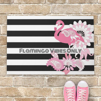 Flamingo Vibes Only Black & White Striped Flamingo Doormat