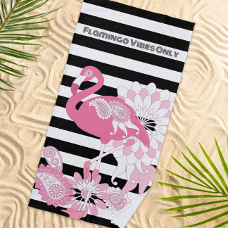 Flamingo Vibes Only Black & White Stripes Flamingo Beach Towel
