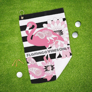 Flamingo Vibes Only Black & White Stripes Flamingo Golf Towel