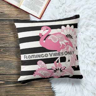 Flamingo Vibes Only Black & White Stripes Flamingo Throw Pillow