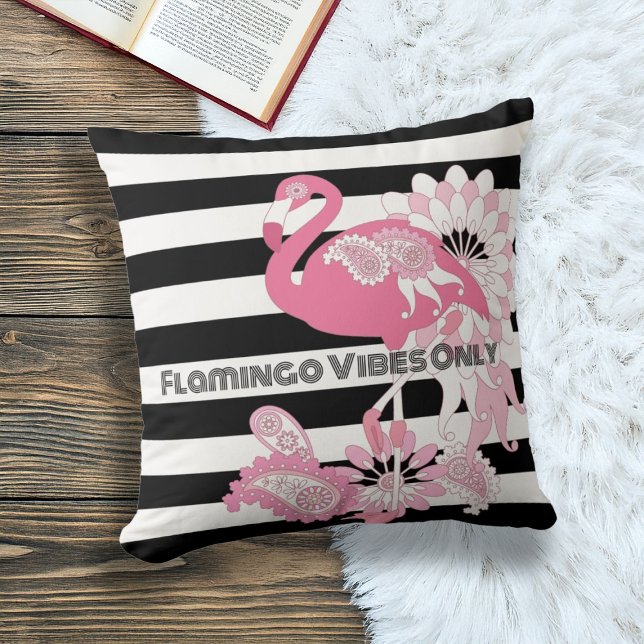 Flamingo Vibes Only Black & White Stripes Flamingo Throw Pillow (Creator Uploaded)