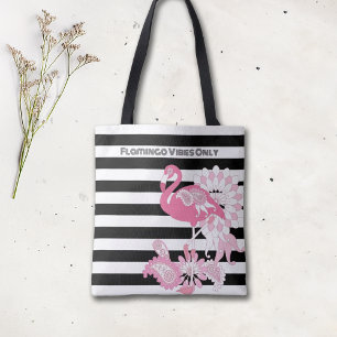 Flamingo Vibes Only Black & White Stripes Flamingo Tote Bag