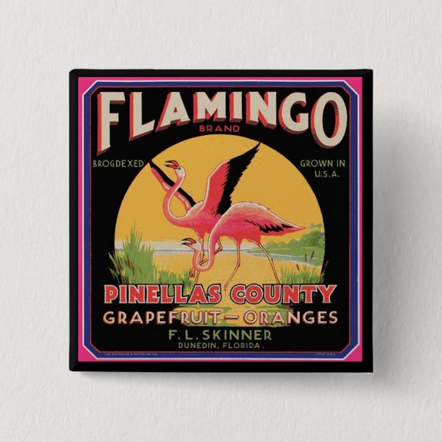 Flamingo Vintage Fruit Crate Label Button Pin (Front)