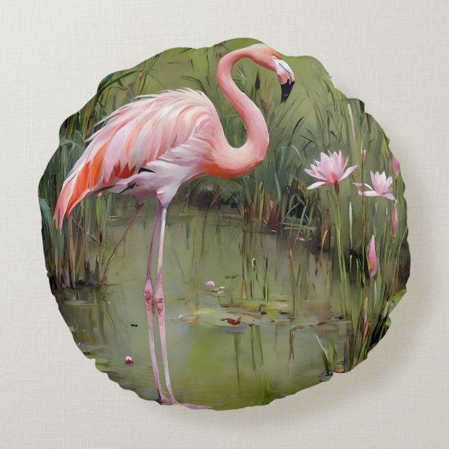 Flamingo Water Lilies And Reeds Oil Painting, Round Pillow (Back)