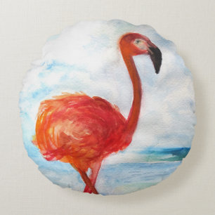 Flamingo Watercolor Art Round Throw Pillow
