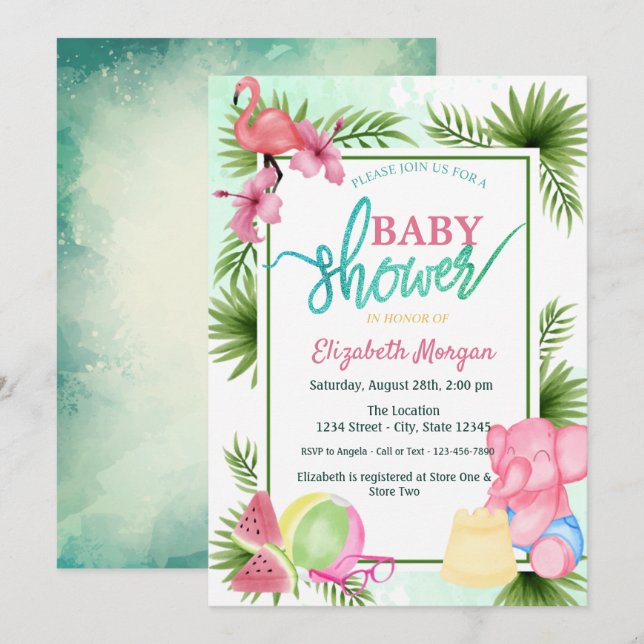 Flamingo,Watermelon,Elephant Palm Baby Shower Invitation (Front/Back)