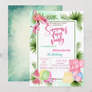 Flamingo,Watermelon Palm Leaf Summer Birthday Invitation