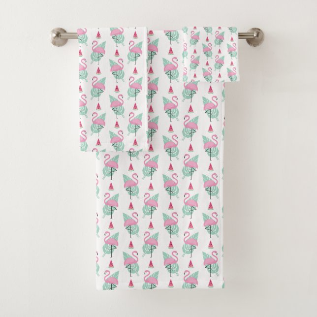 Flamingo & Watermelon Pastel Pattern Bath Towel Set (Insitu)