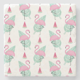 Flamingo & Watermelon Pastel Pattern Stone Coaster
