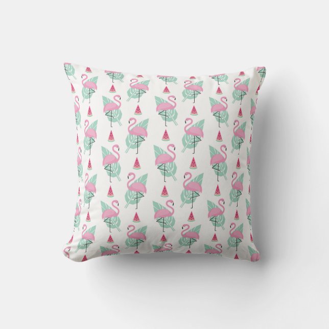 Flamingo & Watermelon Pastel Pattern Throw Pillow (Front)