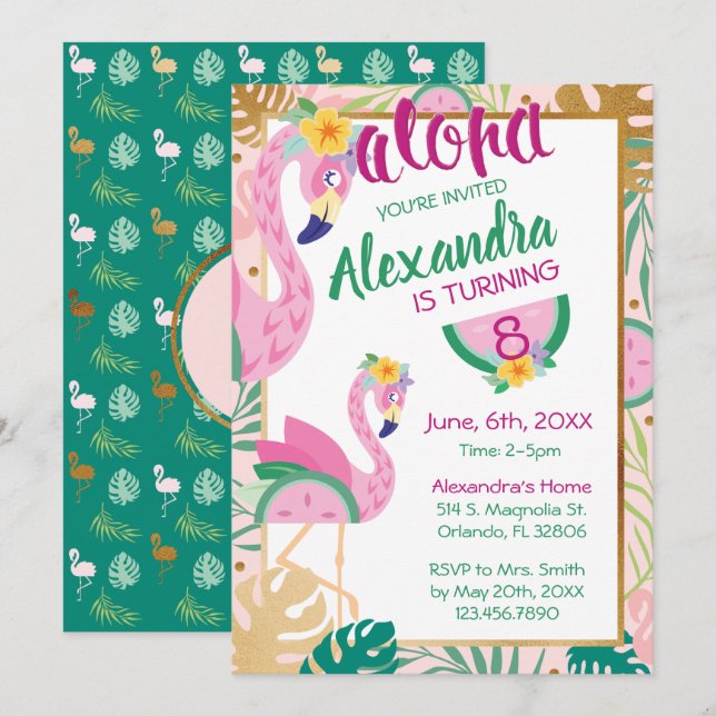 Flamingo & Watermelon Tropical Birthday Invitation (Front/Back)