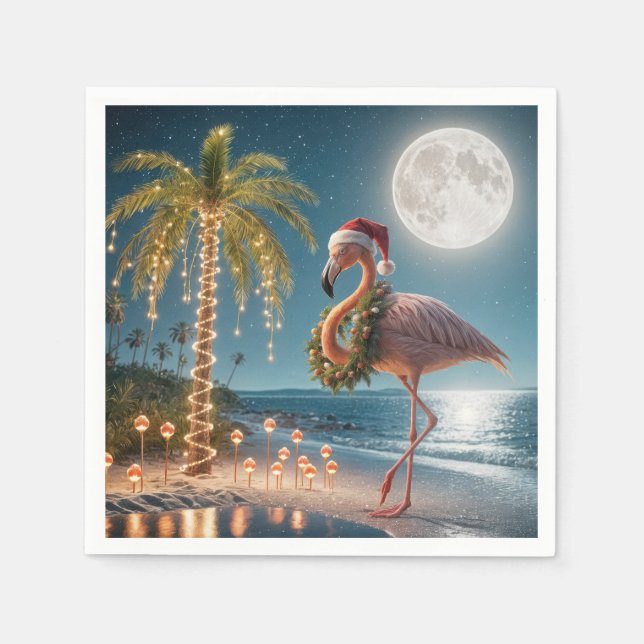 Flamingo Wearing a Christmas Wreath Napkin (Front)