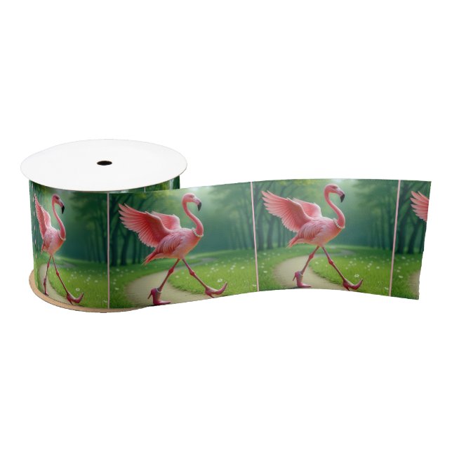 Flamingo Wearing High Heels and Pearls Satin Ribbon (Spool)