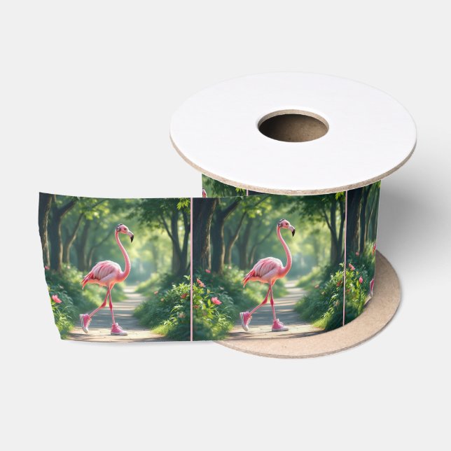 Flamingo Wearing Pink Sneakers and Headphones Satin Ribbon (Spool)