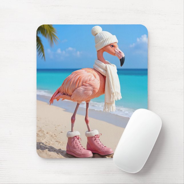 Flamingo Wearing Winter Scarf and Boots Mouse Pad (With Mouse)