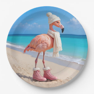 Flamingo Wearing Winter Scarf and Hat Paper Plate