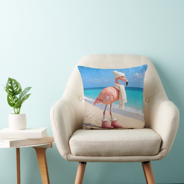 Flamingo Wearing Winter Scarf and Hat Throw Pillow (Chair)