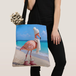Flamingo Wearing Winter Scarf and Hat Tote Bag