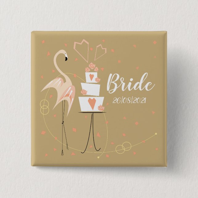 Flamingo Wedding Bride Date square  2 Inch Square Button (Front)