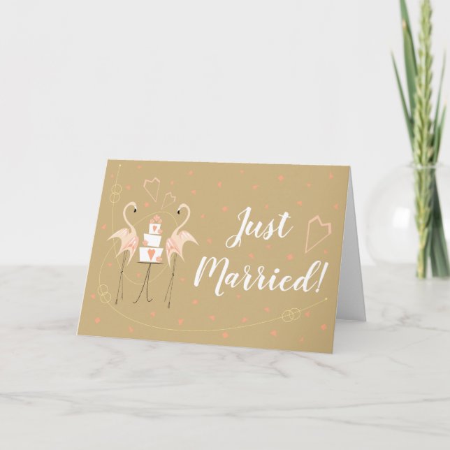 Flamingo Wedding Just Married landscape Card (Front)