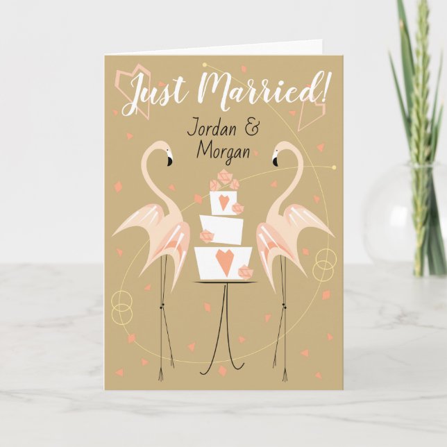 Flamingo Wedding Just Married Names Card (Front)