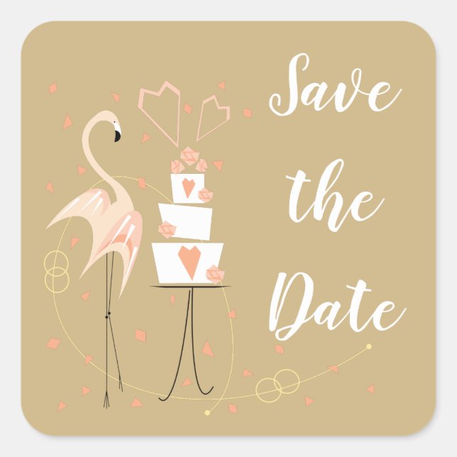 Flamingo Wedding Save the Date side text square Sq Sticker (Front)