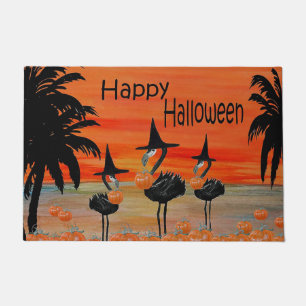 Flamingo witch Halloween doormat. Doormat