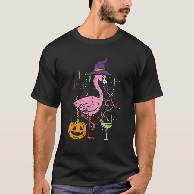 Flamingo Witch Happy Halloween Funny Costume Bird  T-Shirt (Front)