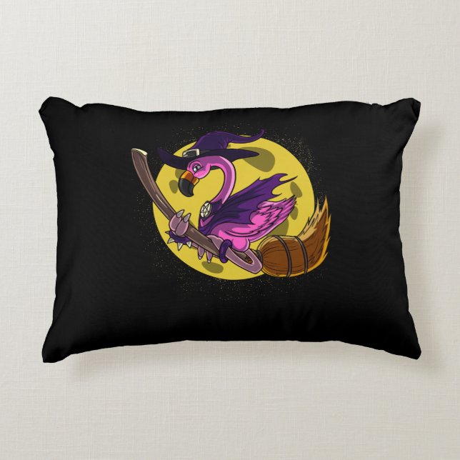 Flamingo Witch Riding Broom Magical Halloween Accent Pillow (Front)