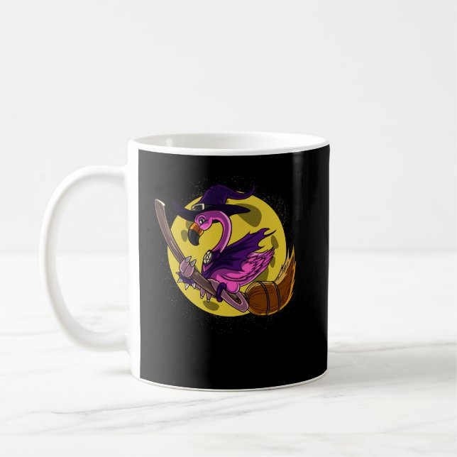 Flamingo Witch Riding Broom Magical Halloween Coffee Mug (Left)