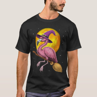 Flamingo Witch Riding Broom T-Shirt