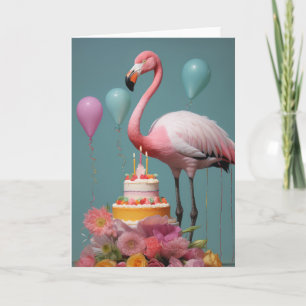 Flamingo with a Birthday Cake - Card