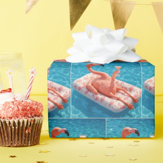 Flamingo With a Cocktail in a Swimming Pool Wrapping Paper (Birthday Party)