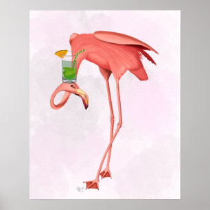Flamingo with a Cocktail Poster