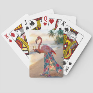 Flamingo With Champagne On a Beach Playing Cards