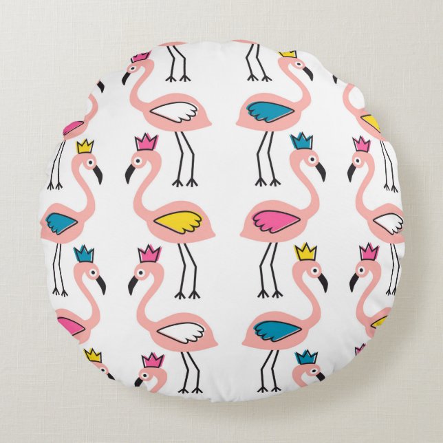 Flamingo with crown seamless pattern. round pillow (Front)
